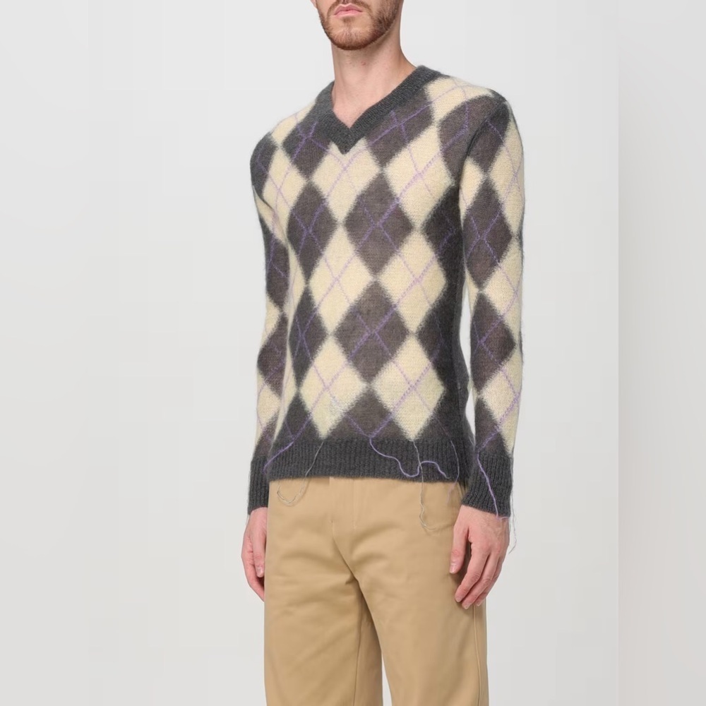 497 Nwt Marni Argyle-pattern V-neck wool-blend jumper Size 54 Color Grey Yellow - Picture 11 of 12